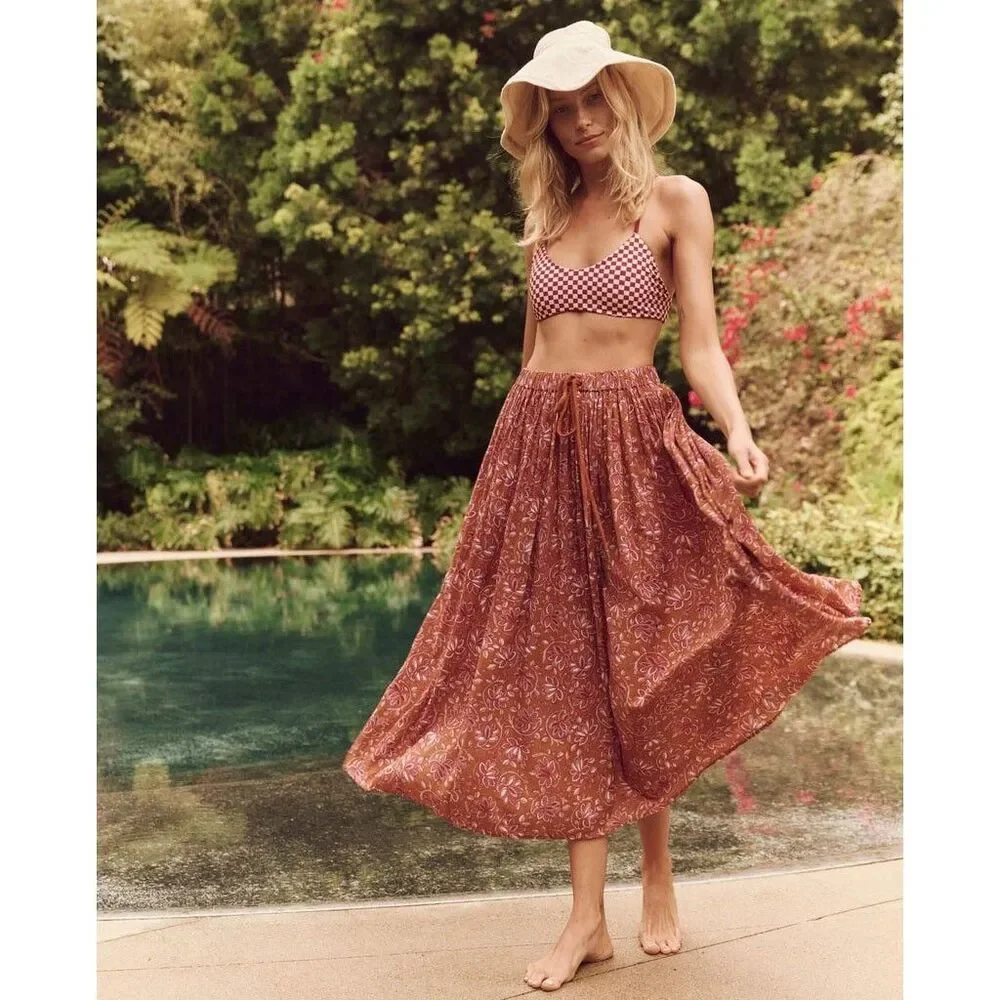 The Great. The Ripple Midi Skirt Floral Printed Beach Pull-On Cotton S-1 272242
